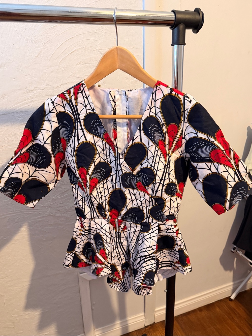 Handmade African Wax Print Peplum Top from Ghana | Navy and Red - Sz XS